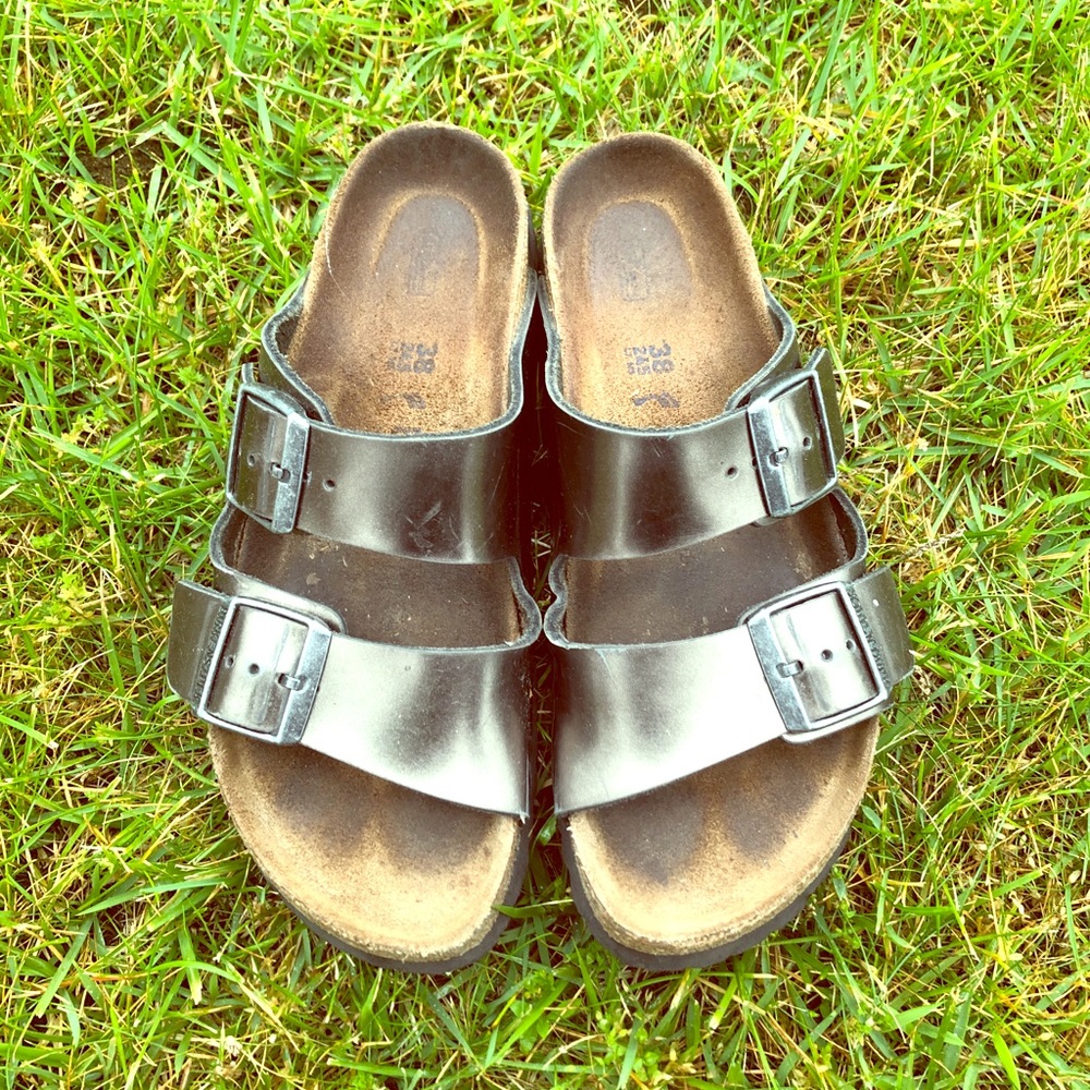 Women’s Birkenstock “Arizona” sandals in gunmetal
